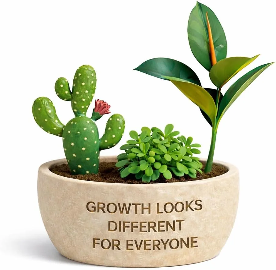 Inspirational planter figurine, 3.35 inches wide, features cactus, succulent, and leafy plant designs in earthy tones with engraved affirmation.