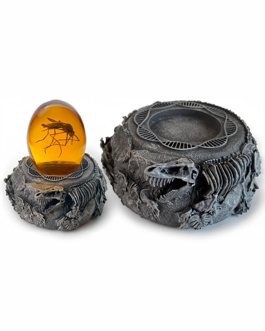 Intricately designed resin paperweight featuring vibrant dinosaur skeletons, DNA motifs, and a mosquito in amber, approx 6 inches tall.