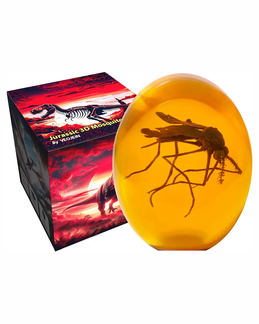Mosquito encased in amber-colored resin, approx 3 inches tall, with intricate detail and a smooth, glossy finish.