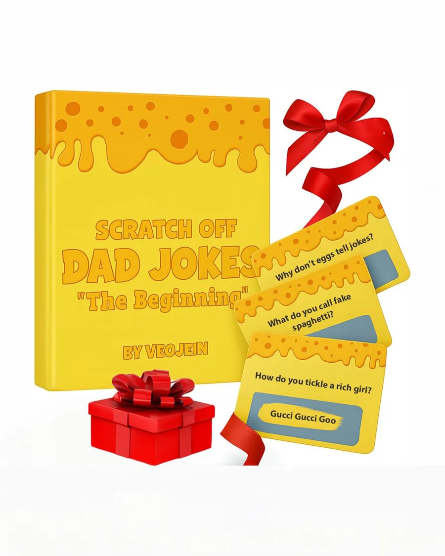 Set of 50 scratch-off cards featuring colorful designs, each card approximately 4 x 6 inches, revealing dad jokes underneath a silver scratch layer.