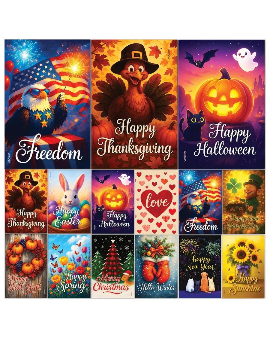Set of 12 double-sided burlap garden flags, each 12x18 inches, featuring seasonal designs for holidays and celebrations, vibrant colors and patterns.
