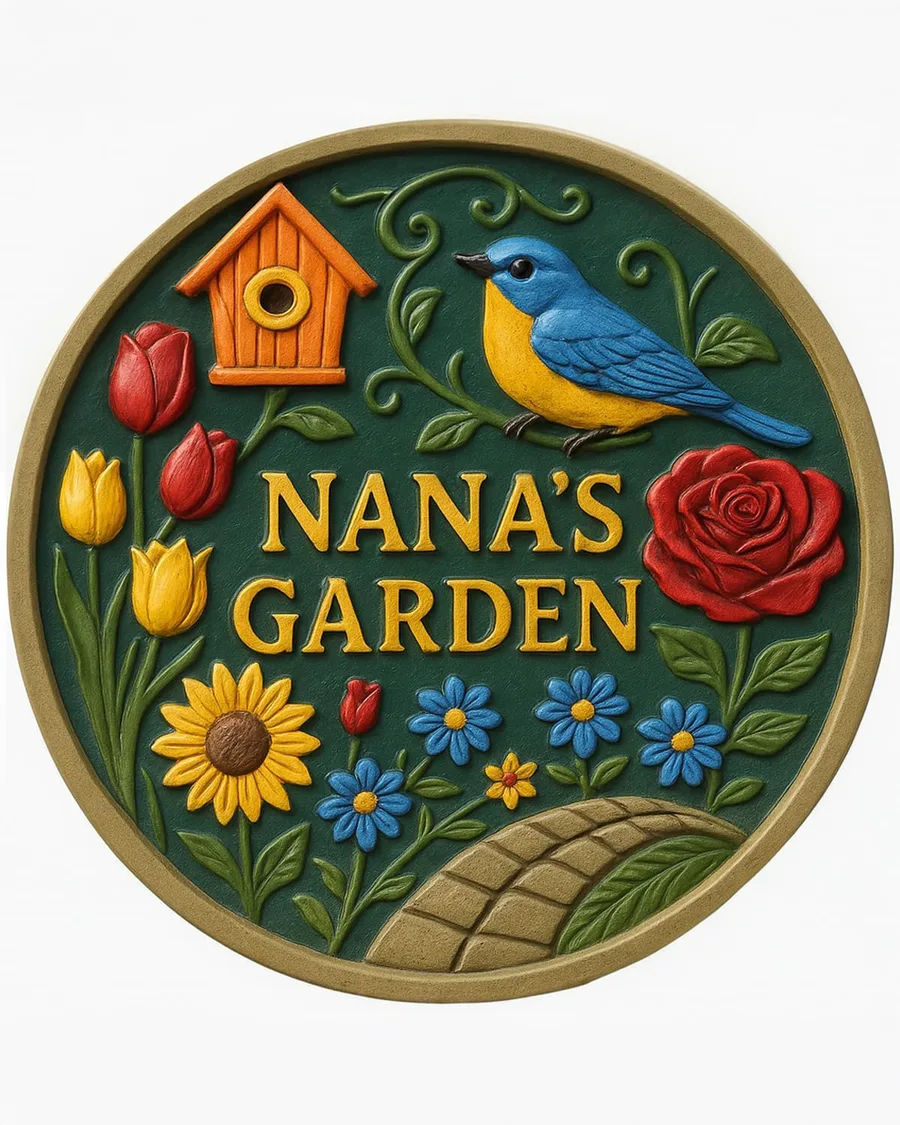 Hand-painted resin stepping stone, 9.45 inches, featuring colorful bird and flowers, round shape, ideal for garden decor.