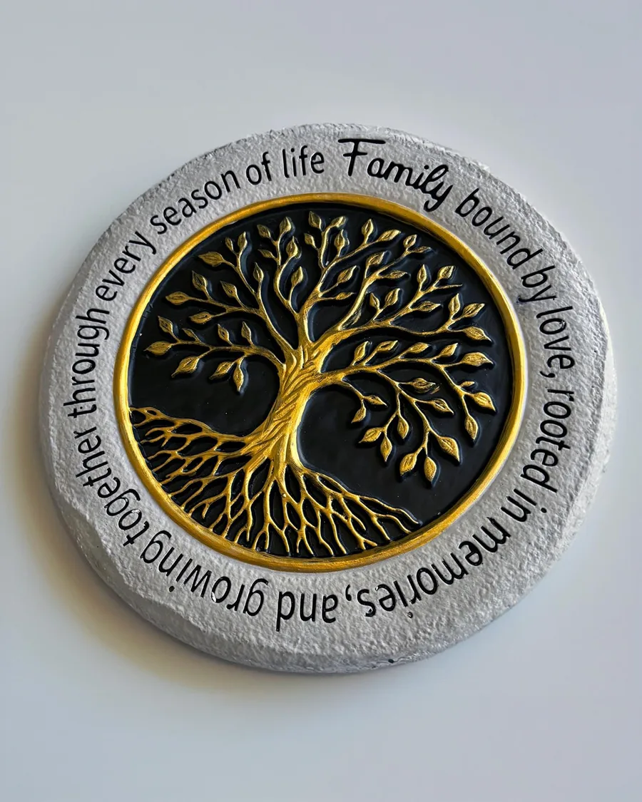 Round, 9.45-inch stone stepping stone featuring a gold Tree of Life design, made of weather-resistant material for outdoor use.