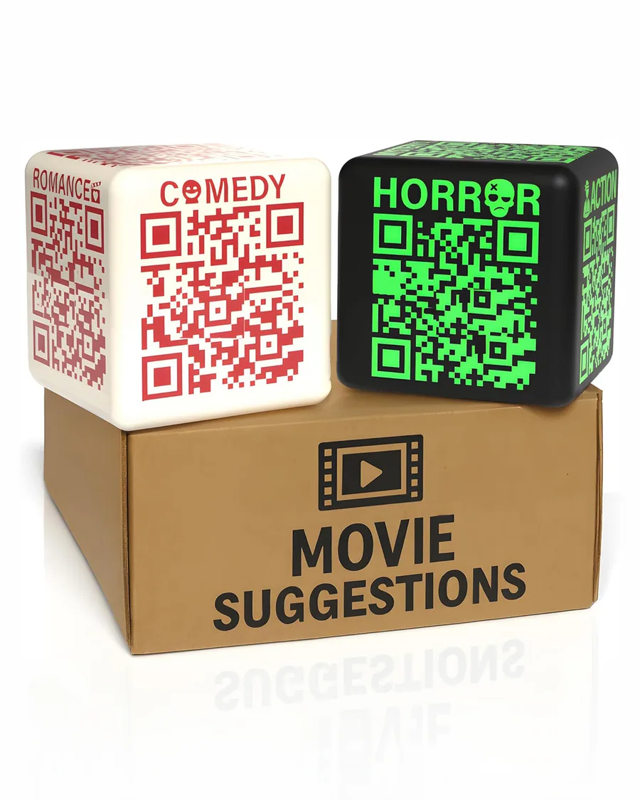Giant 4-inch foam dice in vibrant colors, each displaying 12 movie genres and scannable QR codes on each face.