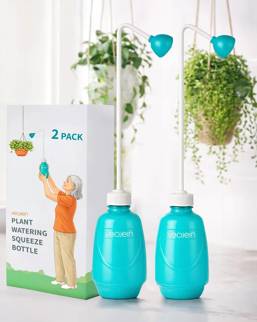 Teal plastic watering squeeze bottle, 16.2 inches long with a narrow spout, 15 oz capacity, designed for precise watering of plants.