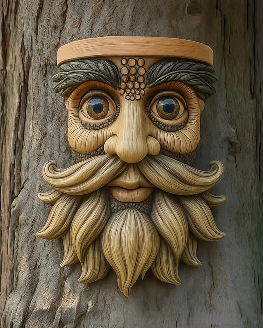 Hand-painted resin tree face sculpture, 11 x 8 inches, features a bird seed bowl, hooks for hanging, and a whimsical expression.