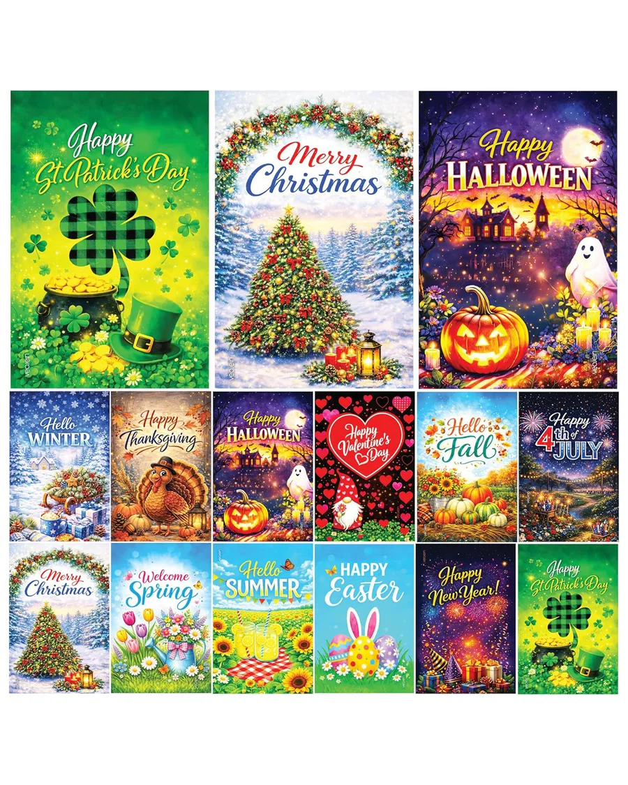 12 double-sided burlap garden flags, 12x18 inches, featuring seasonal designs for various holidays, vivid colors, and distinct shapes.