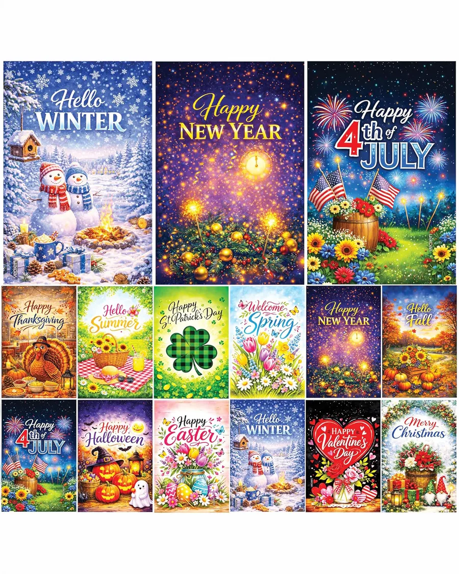 Set of 12 double-sided burlap garden flags, each 12x18 inches, showcasing seasonal and holiday designs in vibrant colors.