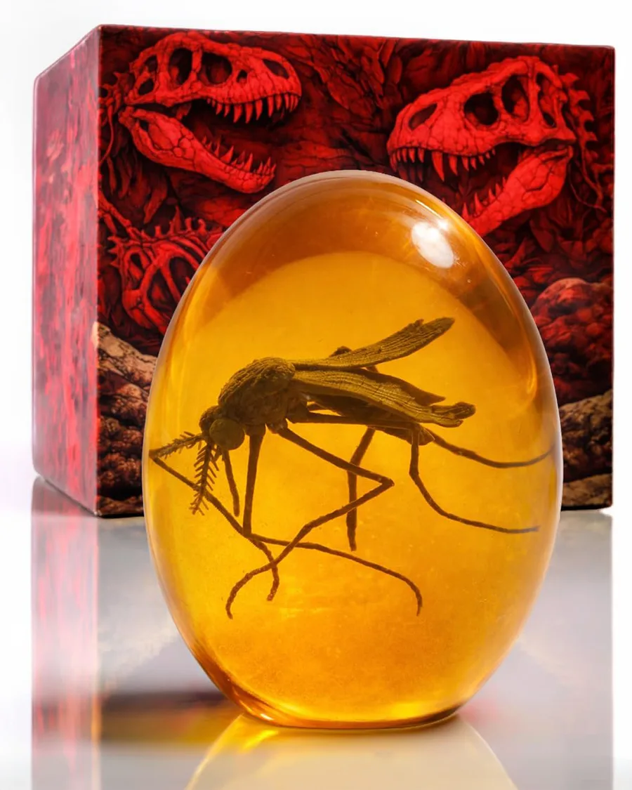 Mosquito encased in golden amber resin, 3D design, approximately 3 inches tall, with a smooth, rounded dome shape.